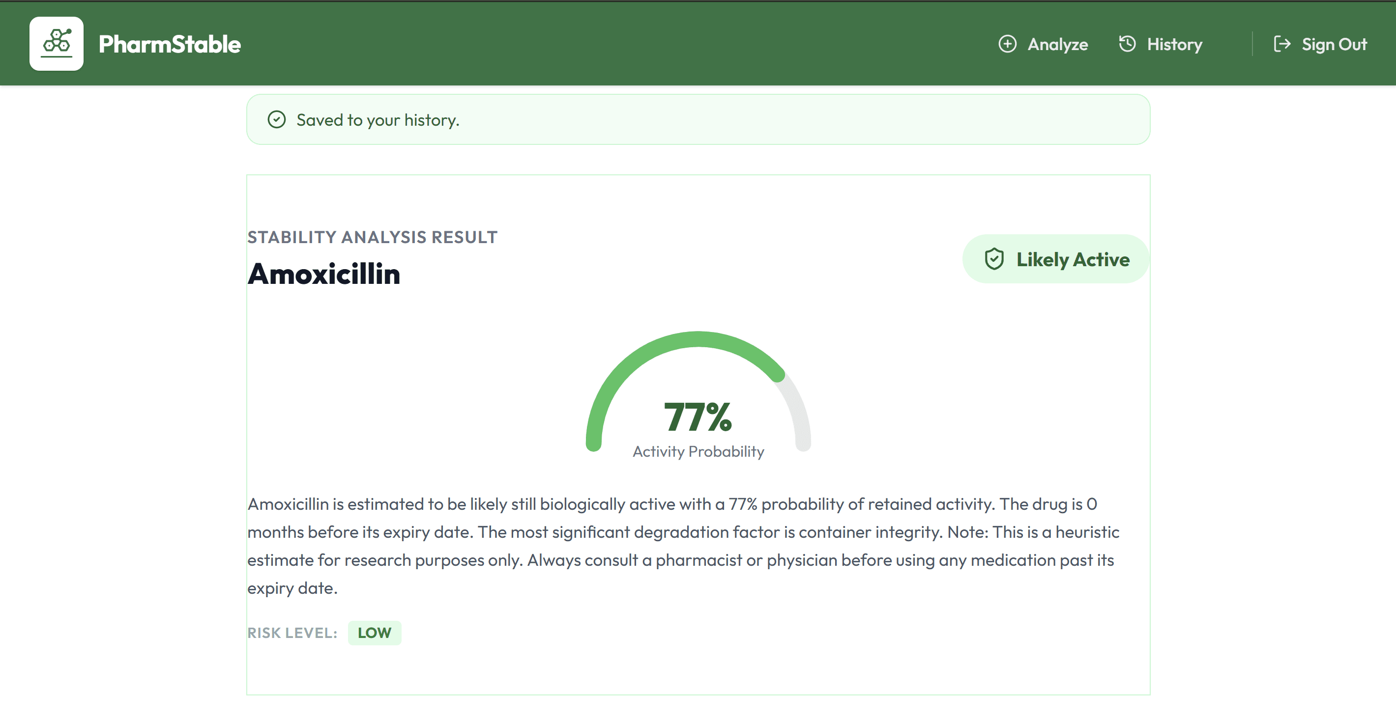 Verdict gauge with activity probability and risk level