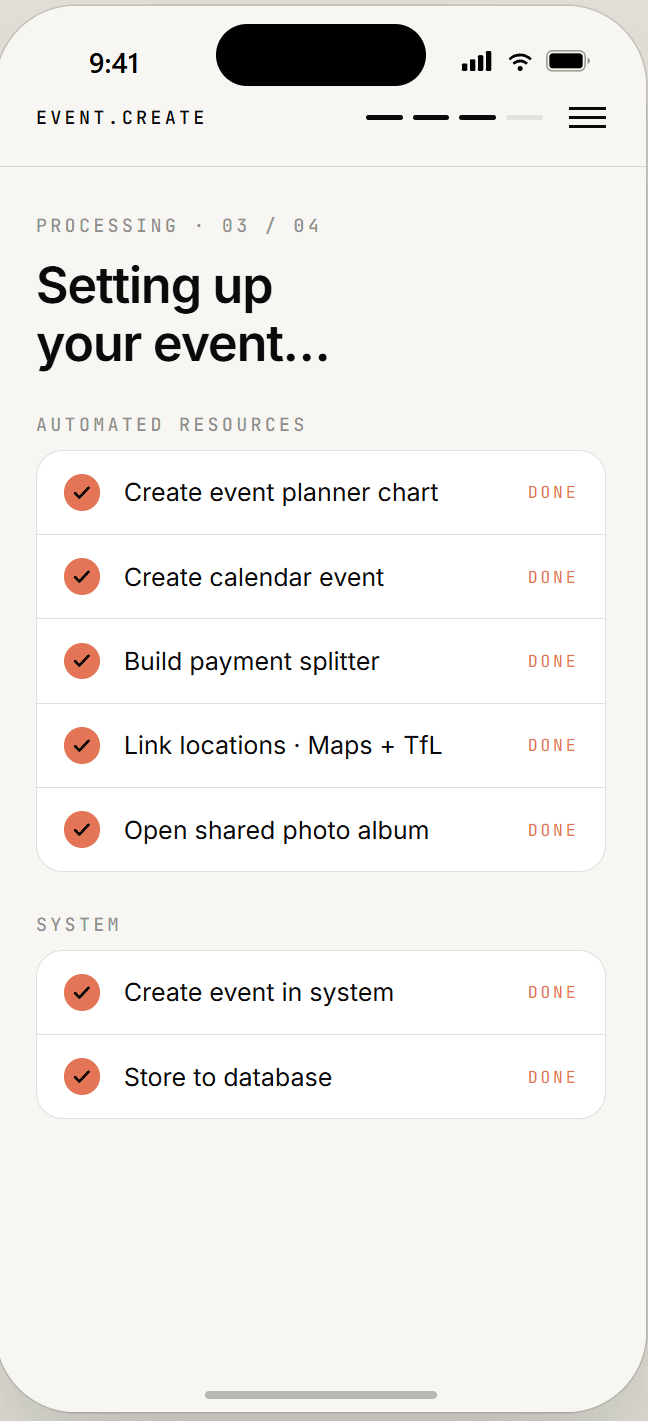 Setting up an event, resource by resource